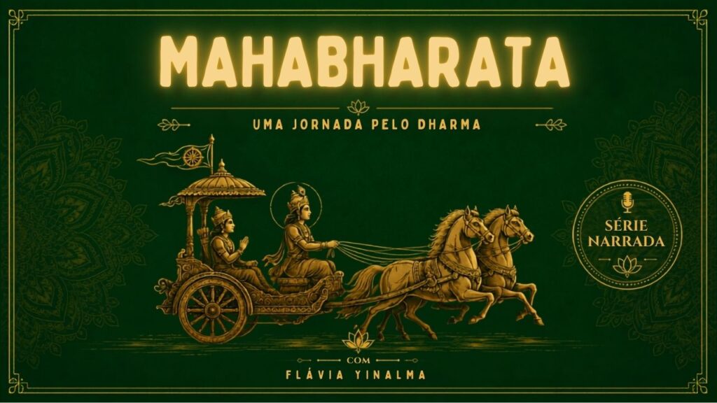 Capa do podcast Mahabharata do canal YinAlma mostrando krishna e arjuna indo para a batalha