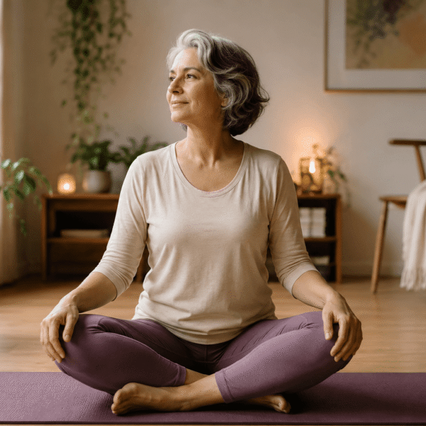 Mulher com mais de 50 anos praticando yoga em casa, sentada sobre um tapete em um ambiente acolhedor e iluminado naturalmente.