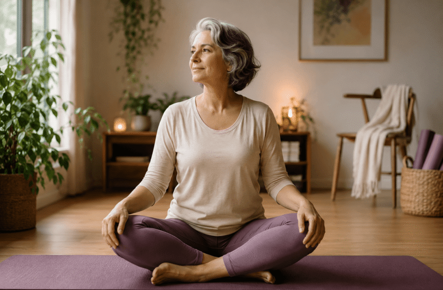 Mulher com mais de 50 anos praticando yoga em casa, sentada sobre um tapete em um ambiente acolhedor e iluminado naturalmente.