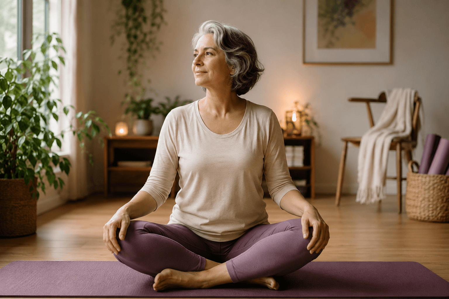 Mulher com mais de 50 anos praticando yoga em casa, sentada sobre um tapete em um ambiente acolhedor e iluminado naturalmente.