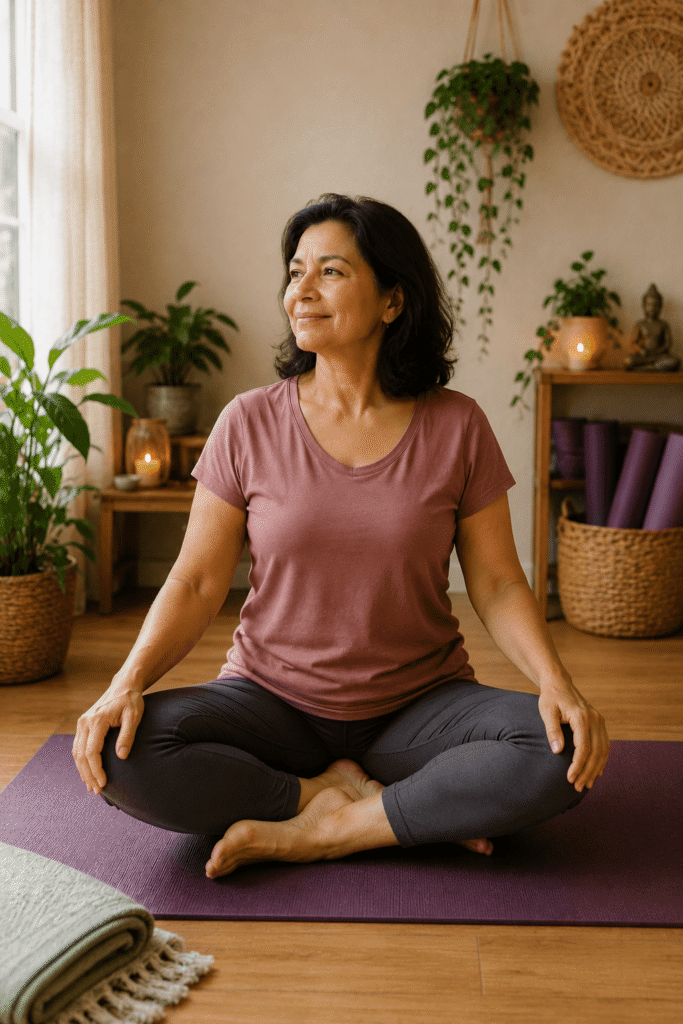 Mulher com mais de 50 anos praticando yoga em casa, sentada sobre um tapete em um ambiente acolhedor e iluminado naturalmente.
