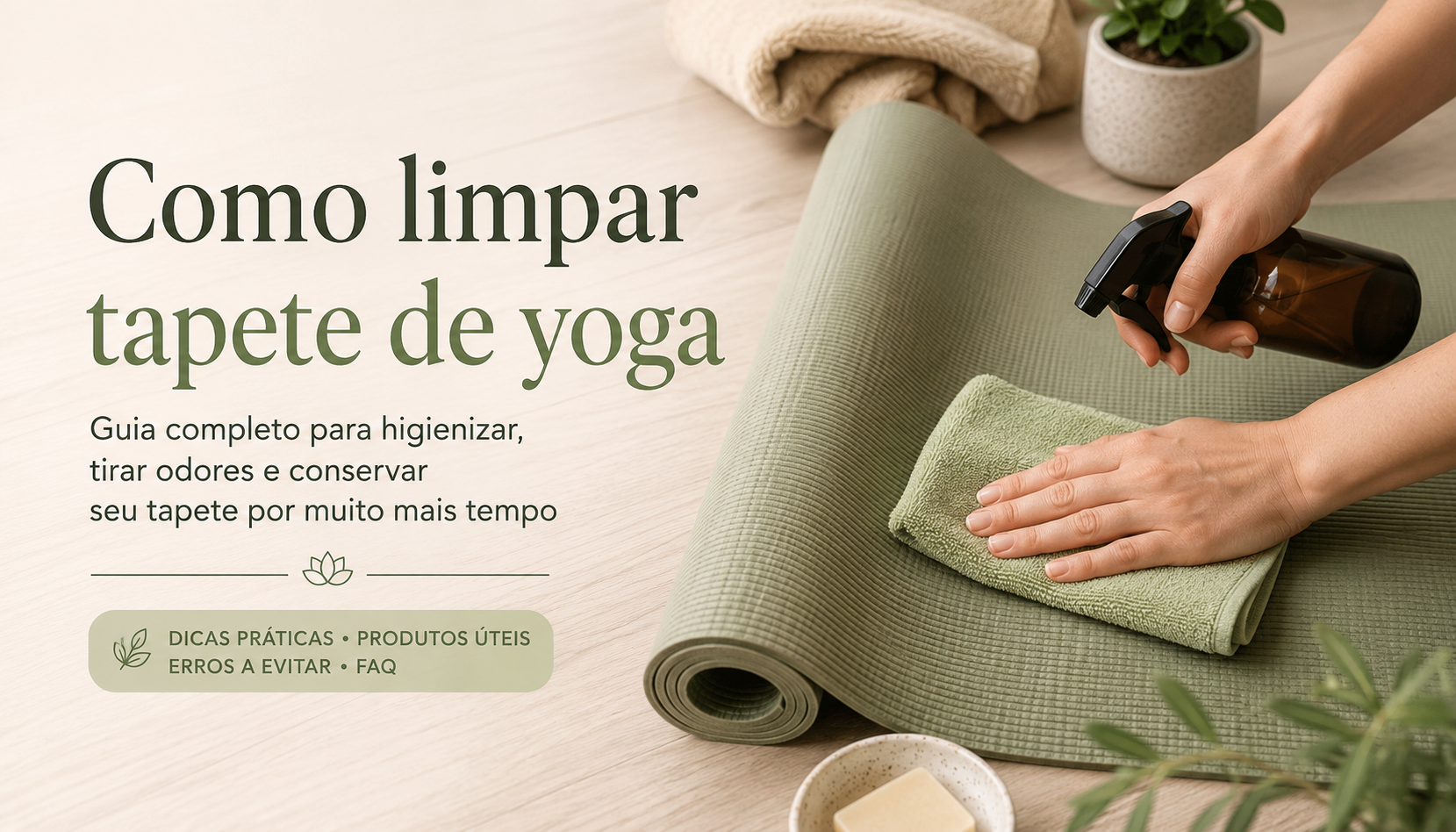Pessoa limpando um tapete de yoga verde com pano de microfibra e borrifador em ambiente acolhedor, ilustrando como limpar tapete de yoga corretamente.