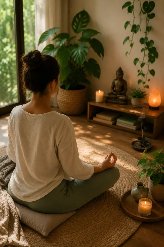 Imagem mostra mulher em posição de meditação sentada no chão