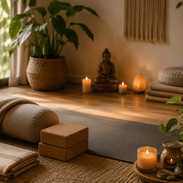 Estúdio de Yoga com tapete, blocos, bolster e velas