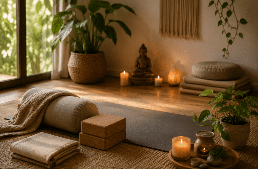Estúdio de Yoga com tapete, blocos, bolster e velas