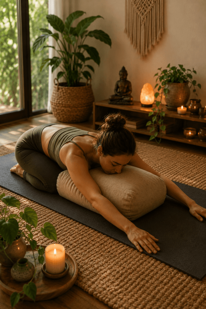 Pessoa praticando Yin Yoga com tapete, blocos, e bolster
