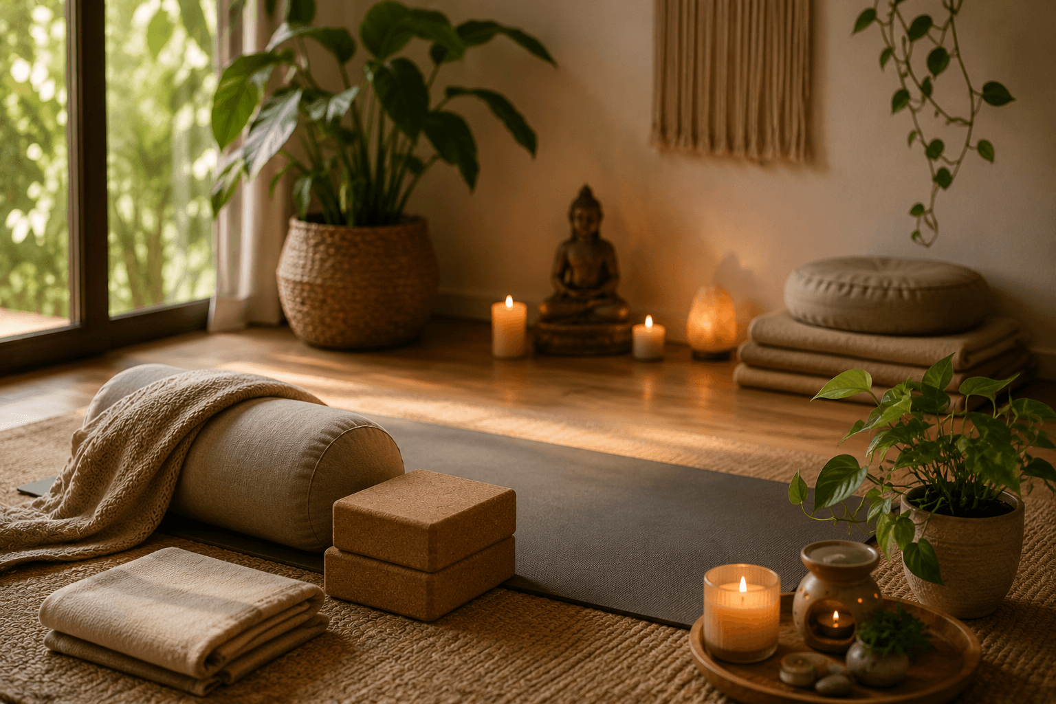 Estúdio de Yoga com tapete, blocos, bolster e velas