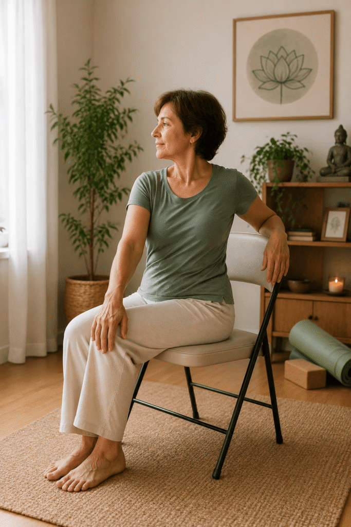 Prática de Yoga na cadeira realizada por uma mulher acima de 50 anos sentada em uma cadeira, em um ambiente residencial iluminado por luz natural.