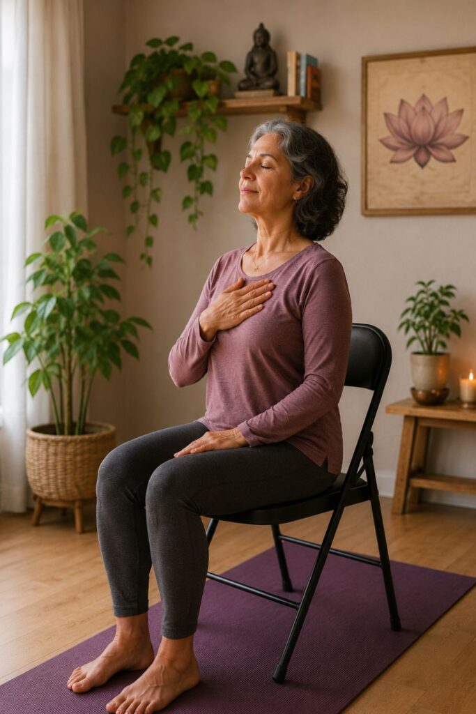 Prática de Yoga para iniciantes realizada por uma mulher acima de 50 anos sentada em uma cadeira, em um ambiente residencial iluminado por luz natural.